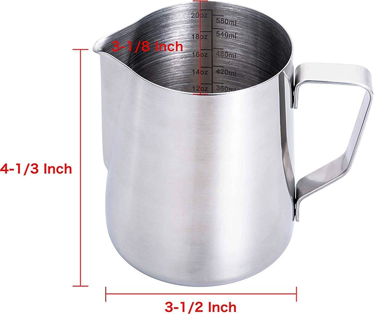Acero inoxidable de acero inoxidable 304 de grado alimenticio con jarra de espuma de leche de medición con línea de medición